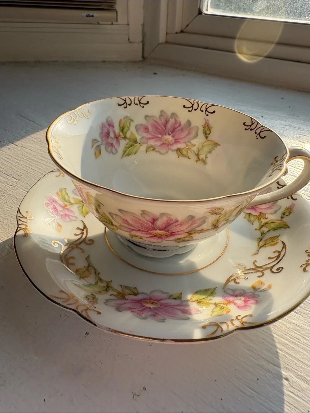 Vintage Floral Porcelain Teacup and Saucer - Pink